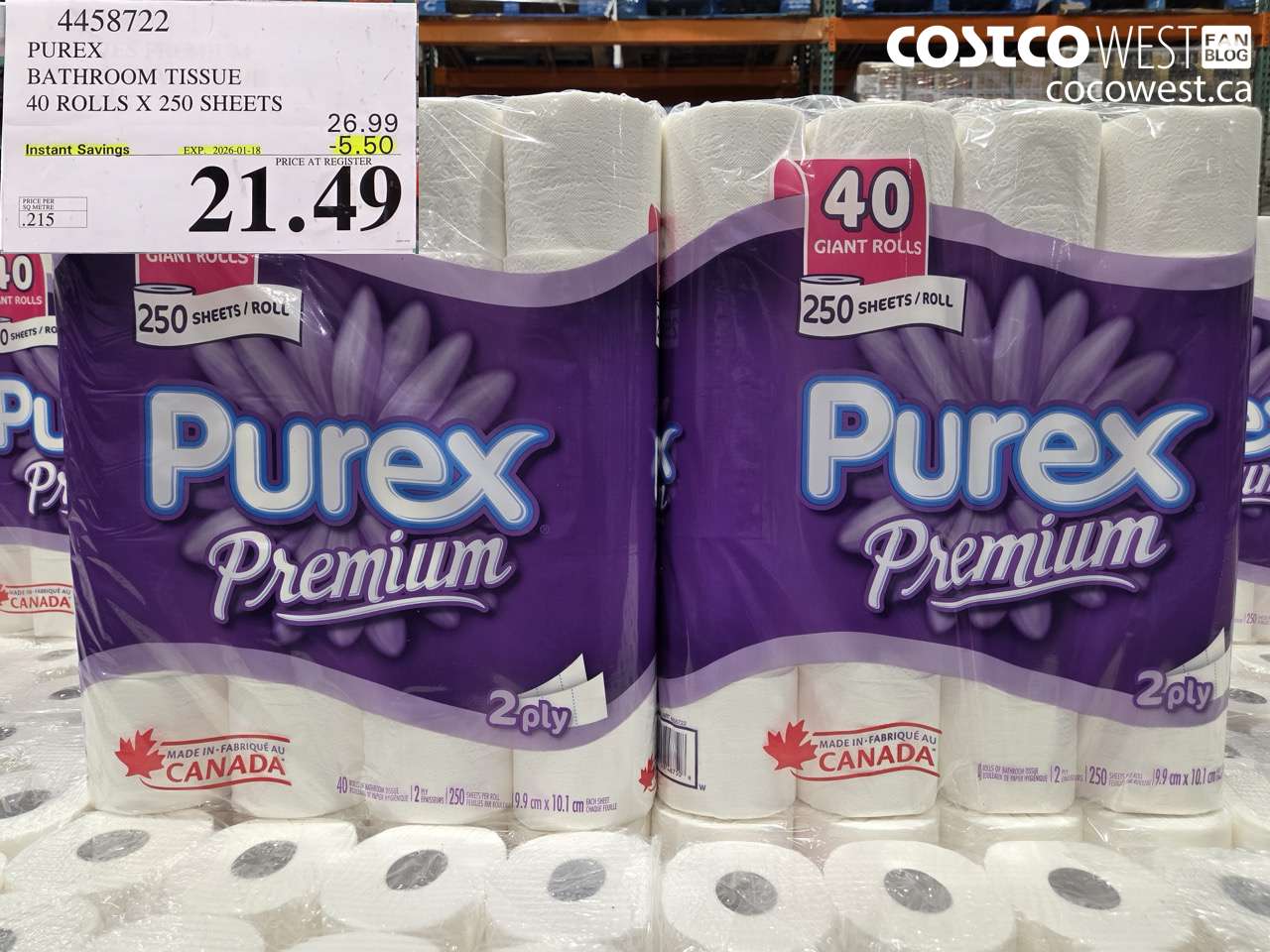 4458722 PUREX BATHROOM TISSUE 40 ROLLS X 250 SHEETS 6.99 ($5.50 INSTANT SAVINGS EXPIRES ON 2026-01-18) $21.49