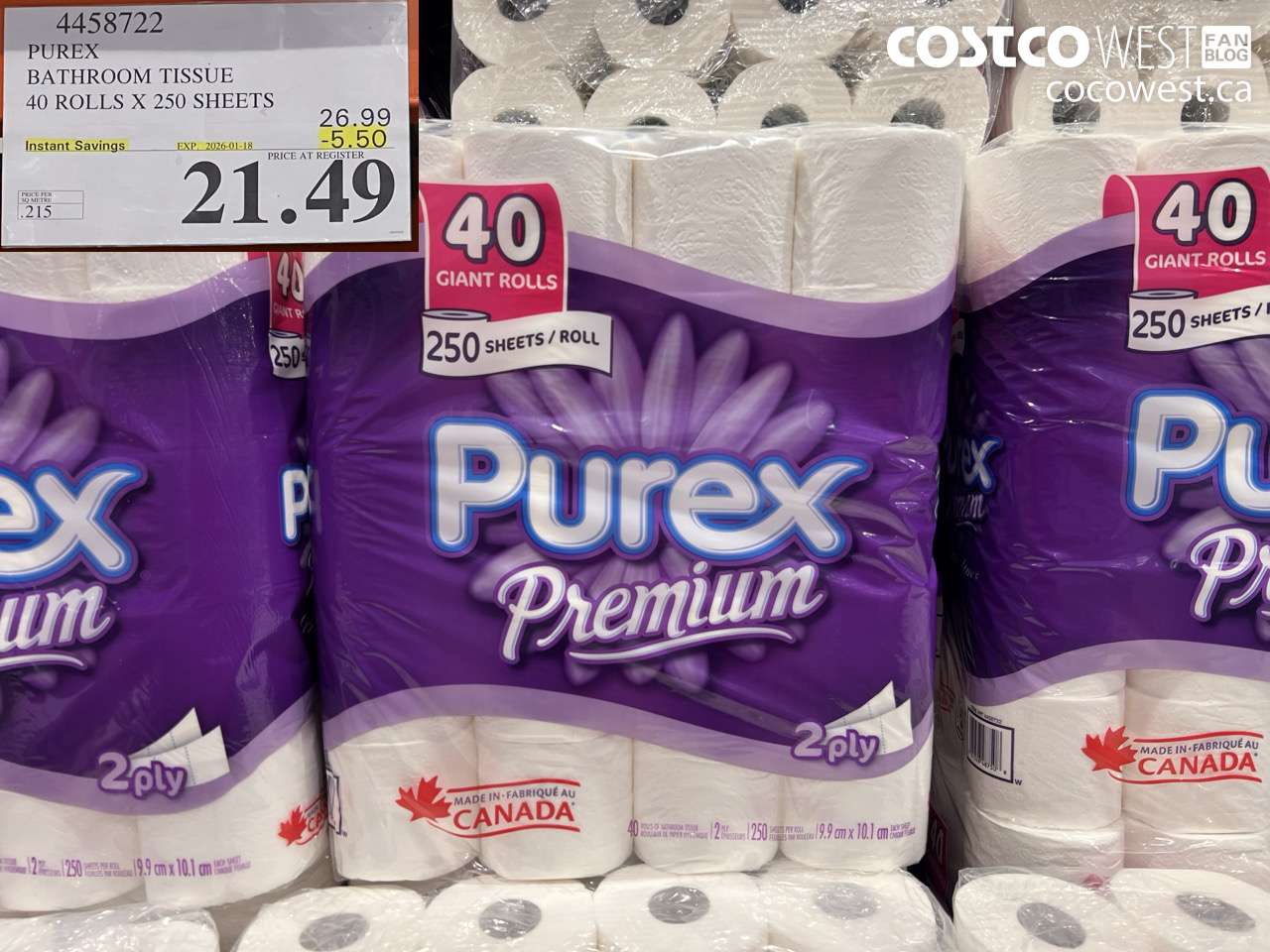 4458722 PUREX BATHROOM TISSUE 40 ROLLS X 250 SHEETS 6.99 ($5.50 INSTANT SAVINGS EXPIRES ON 2026-01-18) $21.49