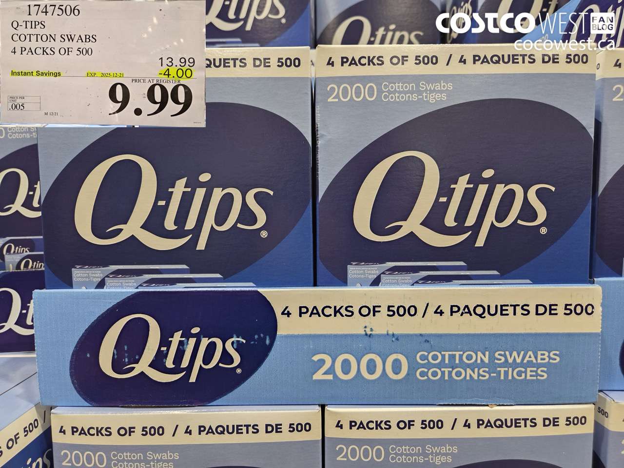 1747506 Q-TIPS COTTON SWABS 4 PACKS OF 500 ($4.00 INSTANT SAVINGS EXPIRES ON 2025-12-21) $9.99