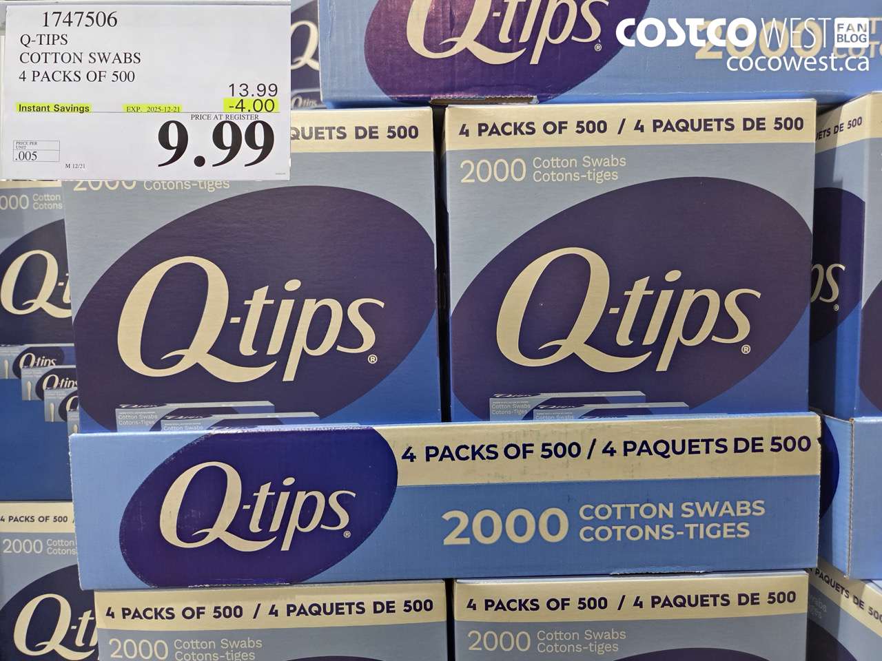 1747506 Q-TIPS COTTON SWABS 4 PACKS OF 500 ($4.00 INSTANT SAVINGS EXPIRES ON 2025-12-21) $9.99