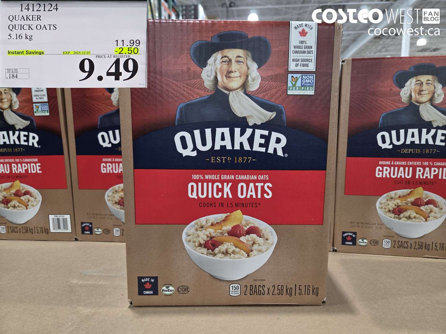 1412124 QUAKER QUICK OATS 5.16 kg ($2.50 INSTANT SAVINGS EXPIRES ON 2025-12-07) $9.49