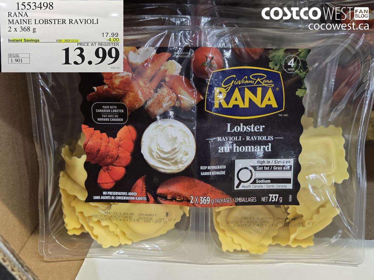 1553498 RANA MAINE LOBSTER RAVIOLI 2 X 368 G ($4.00 INSTANT SAVINGS EXPIRES ON 2025-12-21) $13.99