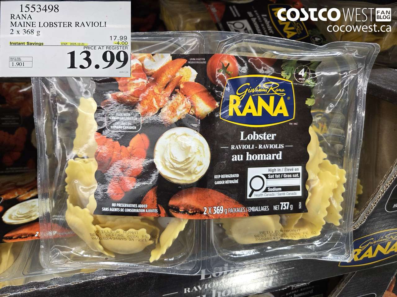 1553498 RANA MAINE LOBSTER RAVIOLI 2 X 368 G ($4.00 INSTANT SAVINGS EXPIRES ON 2025-12-21) $13.99