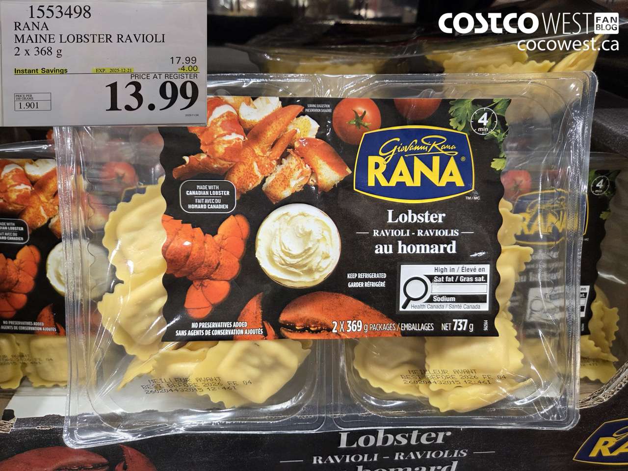 1553498 RANA MAINE LOBSTER RAVIOLI 2 X 368 G ($4.00 INSTANT SAVINGS EXPIRES ON 2025-12-21) $13.99