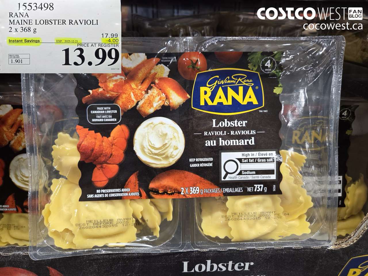 1553498 RANA MAINE LOBSTER RAVIOLI 2 X 368 G ($4.00 INSTANT SAVINGS EXPIRES ON 2025-12-21) $13.99