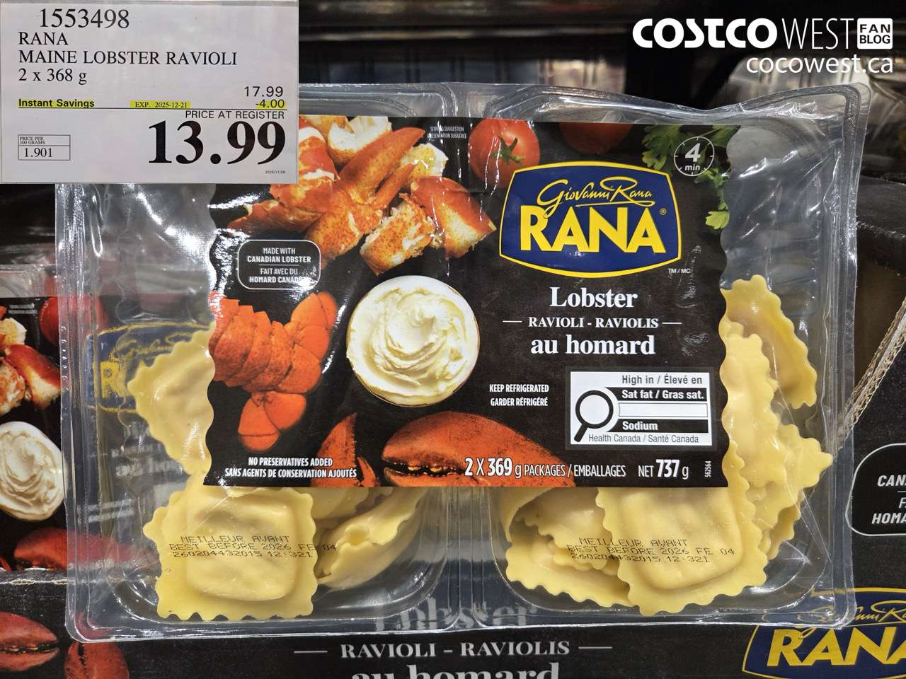 1553498 RANA MAINE LOBSTER RAVIOLI 2 X 368 G ($4.00 INSTANT SAVINGS EXPIRES ON 2025-12-21) $13.99