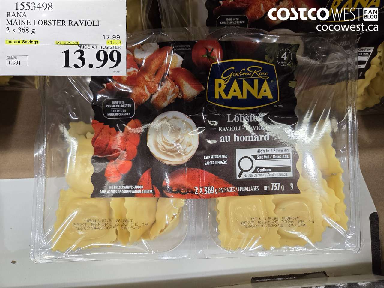 1553498 RANA MAINE LOBSTER RAVIOLI 2 X 368 G ($4.00 INSTANT SAVINGS EXPIRES ON 2025-12-21) $13.99