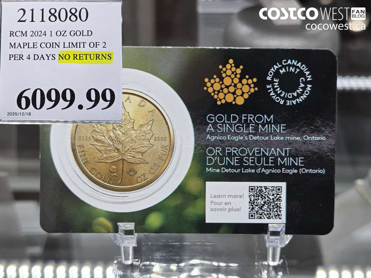 2118080 RCM 2024 1 OZ GOLD. MAPLE COIN LIMIT OF 2 PER 4 DAYS NO RETURNS $6099.99