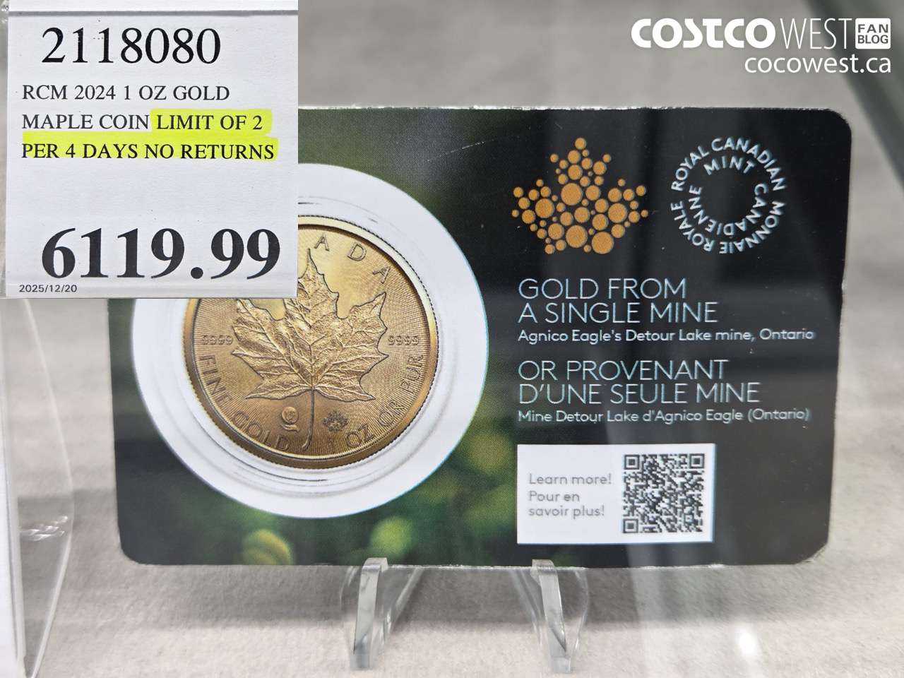 2118080 RCM 2024 1 OZ GOLD. MAPLE COIN LIMIT OF 2 PER 4 DAYS NO RETURNS $6119.99