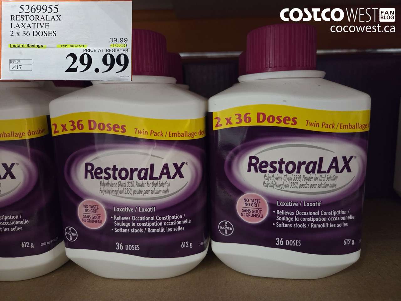 5269955 RESTORALAX LAXATIVE 2 X 36 DOSES ($10.00 INSTANT SAVINGS EXPIRES ON 2025-12-21) $29.99