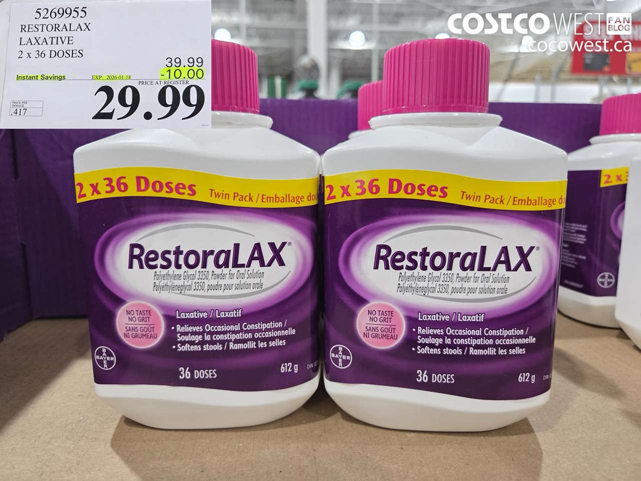 5269955 RESTORALAX LAXATIVE 2 X 36 DOSES ($10.00 INSTANT SAVINGS EXPIRES ON 2026-01-18) $29.99