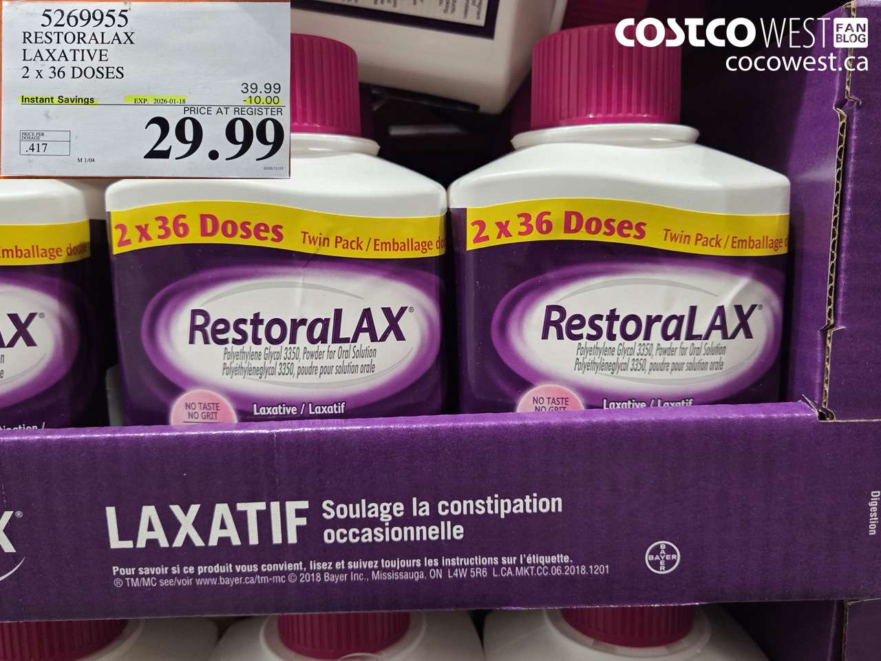 5269955 RESTORALAX LAXATIVE 2 X 36 DOSES ($10.00 INSTANT SAVINGS EXPIRES ON 2026-01-18) $29.99