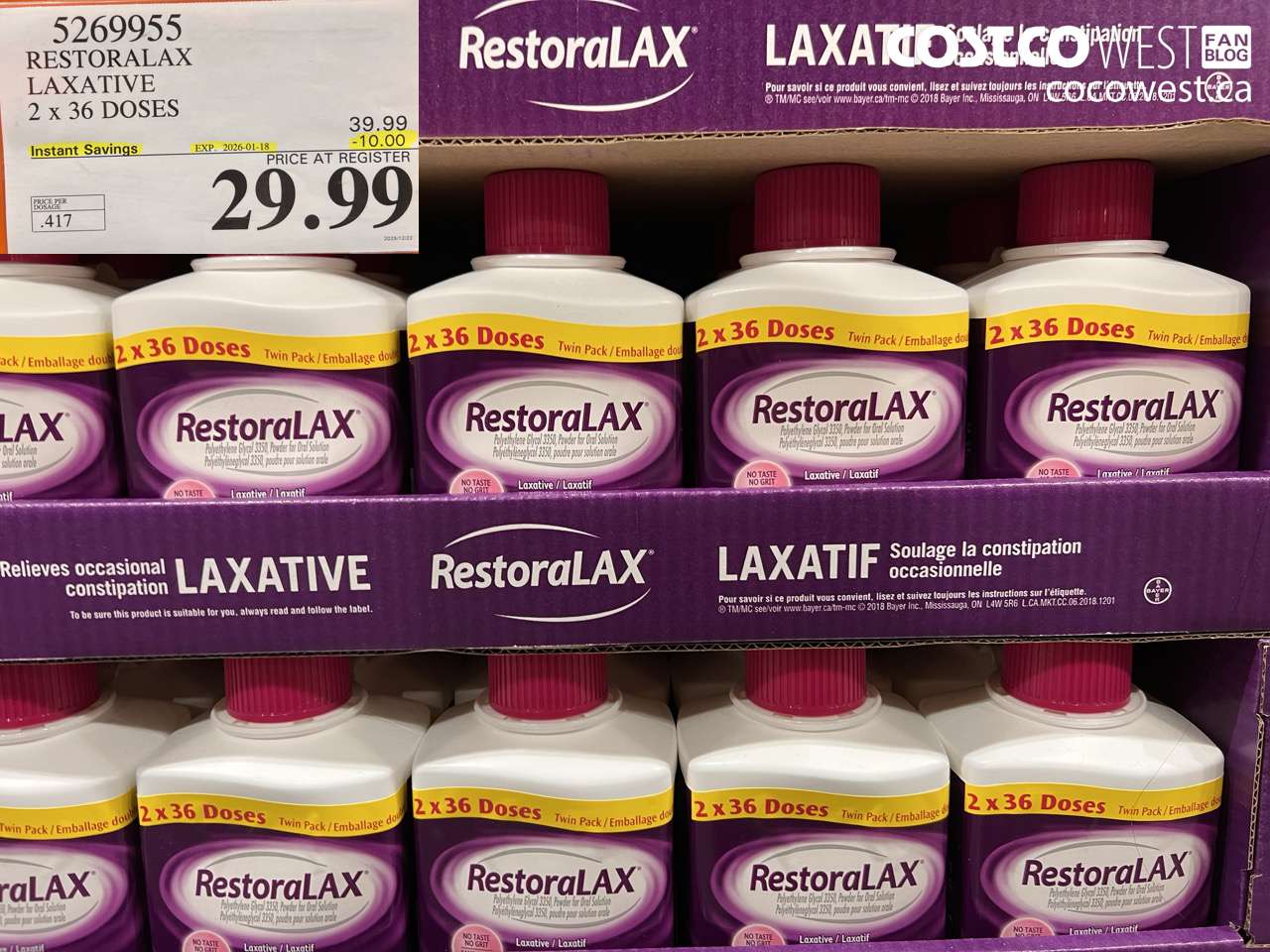 5269955 RESTORALAX LAXATIVE 2 X 36 DOSES ($10.00 INSTANT SAVINGS EXPIRES ON 2026-01-18) $29.99