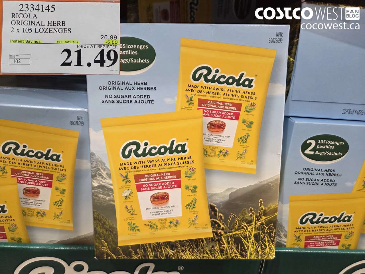 2334145 RICOLA ORIGINAL HERB 2 X 105 LOZENGES ($5.50 INSTANT SAVINGS EXPIRES ON 2025-12-14) $21.49