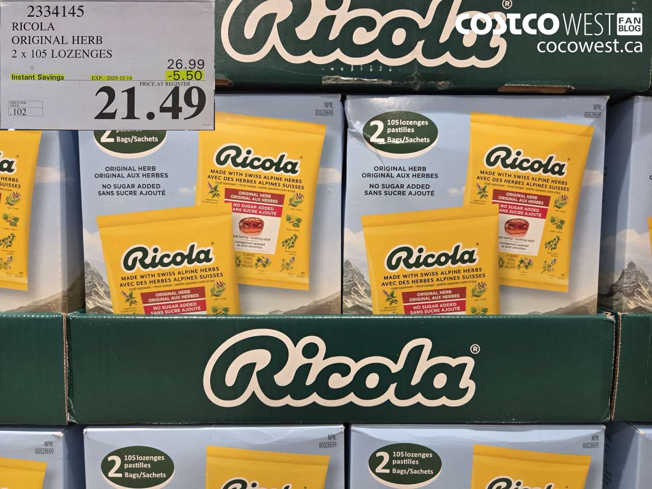 2334145 RICOLA ORIGINAL HERB 2 X 105 LOZENGES ($5.50 INSTANT SAVINGS EXPIRES ON 2025-12-14) $21.49
