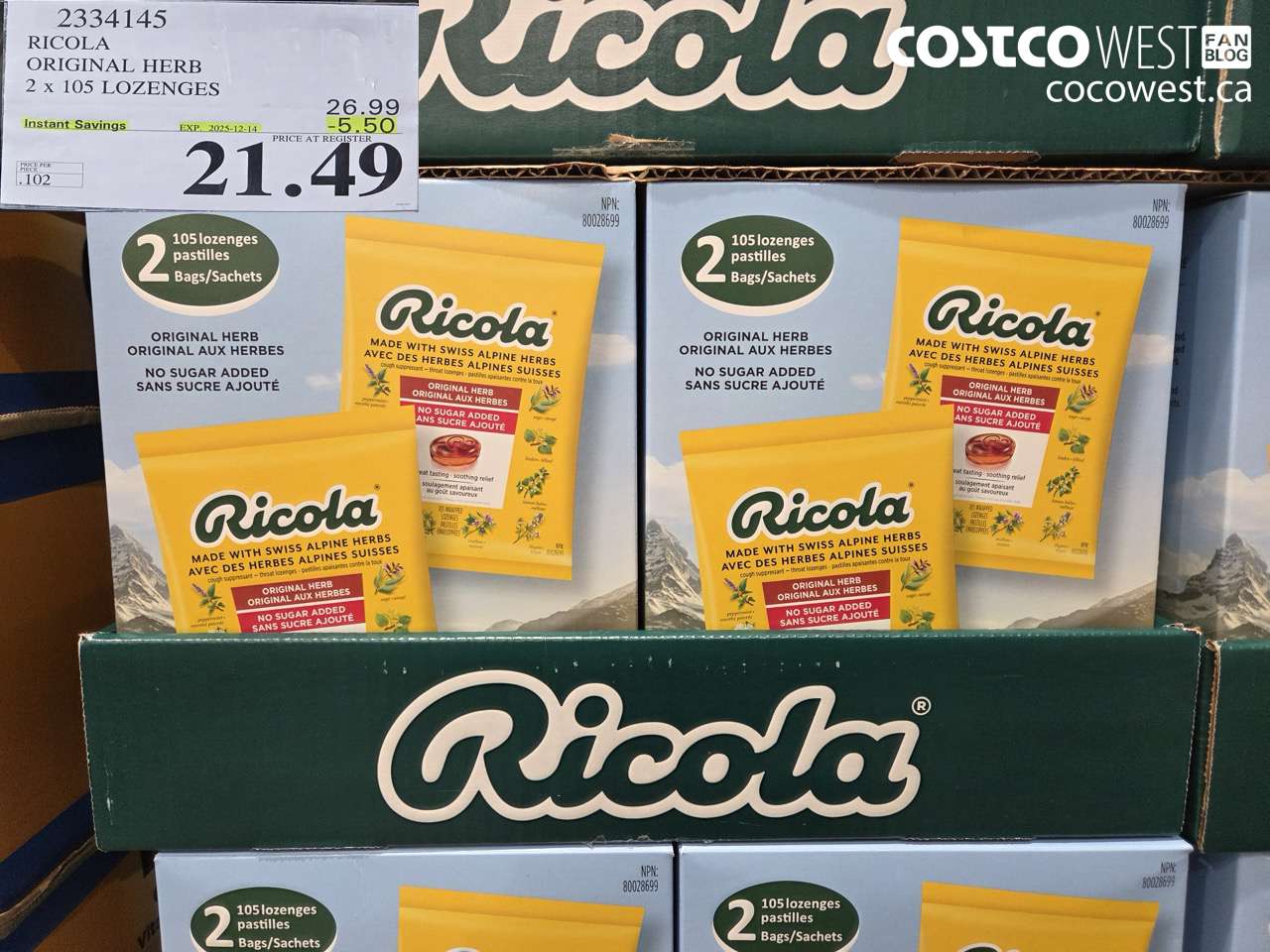 2334145 RICOLA ORIGINAL HERB 2 X 105 LOZENGES ($5.50 INSTANT SAVINGS EXPIRES ON 2025-12-14) $21.49