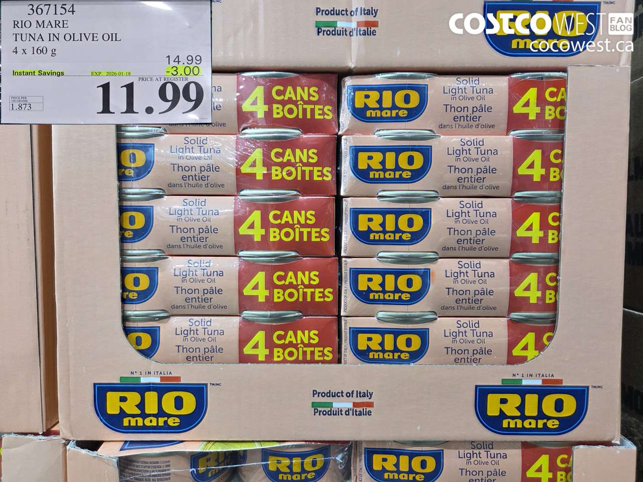 367154 RIO MARE TUNA IN OLIVE OIL 4 x 160 g ($3.00 INSTANT SAVINGS EXPIRES ON 2026-01-18) $11.99