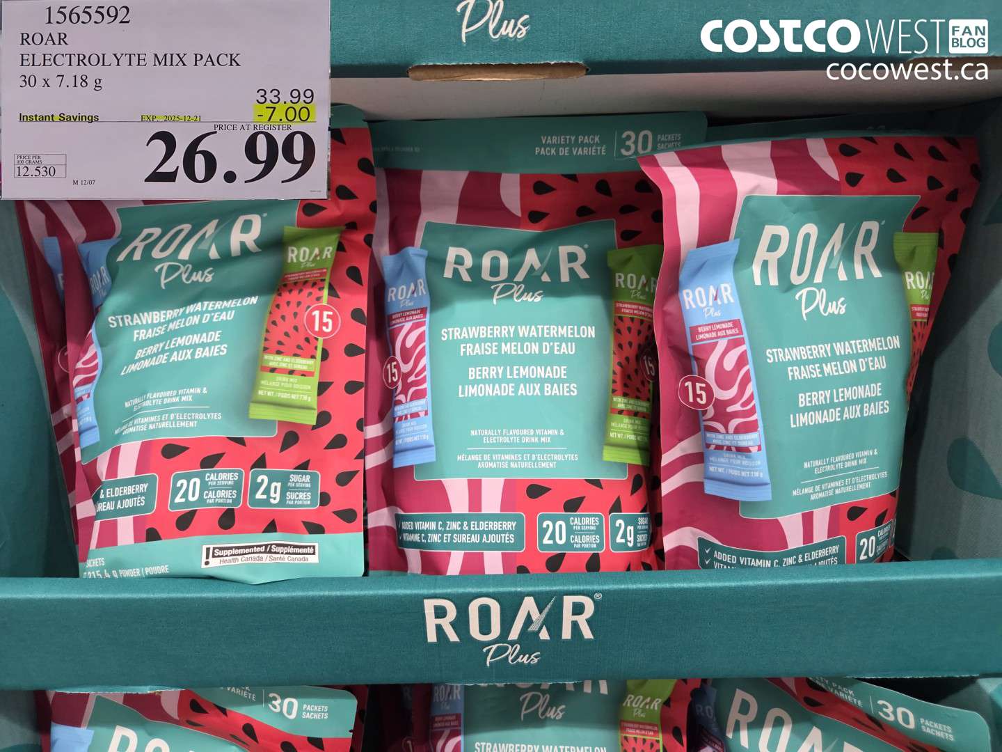 1565592 ROAR ELECTROLYTE MIX PACK 30 x 7.18 g ($7.00 INSTANT SAVINGS EXPIRES ON 2025-12-21) $26.99