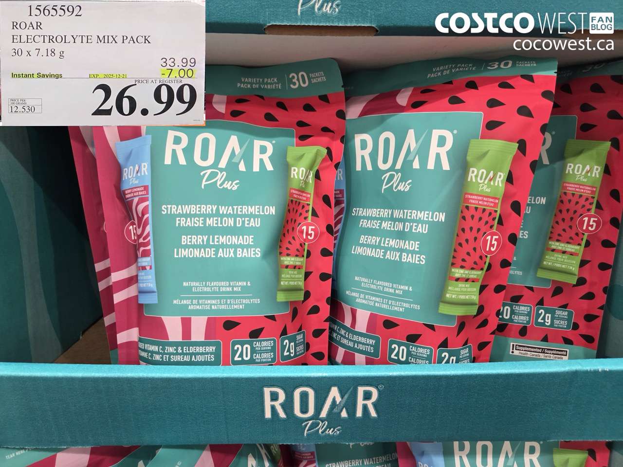 1565592 ROAR ELECTROLYTE MIX PACK 30 x 7.18 g ($7.00 INSTANT SAVINGS EXPIRES ON 2025-12-21) $26.99