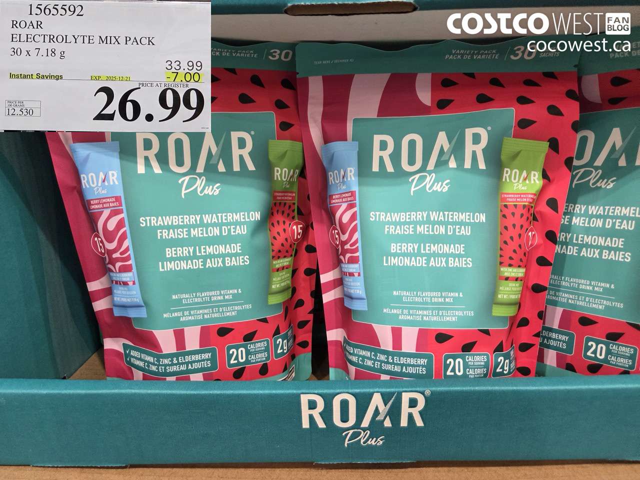 1565592 ROAR ELECTROLYTE MIX PACK 30 x 7.18 g ($7.00 INSTANT SAVINGS EXPIRES ON 2025-12-21) $26.99