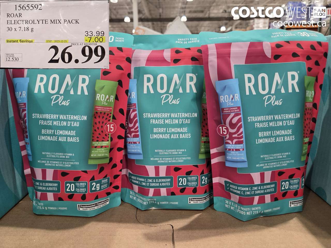 1565592 ROAR ELECTROLYTE MIX PACK 30 x 7.18 g ($7.00 INSTANT SAVINGS EXPIRES ON 2025-12-21) $26.99