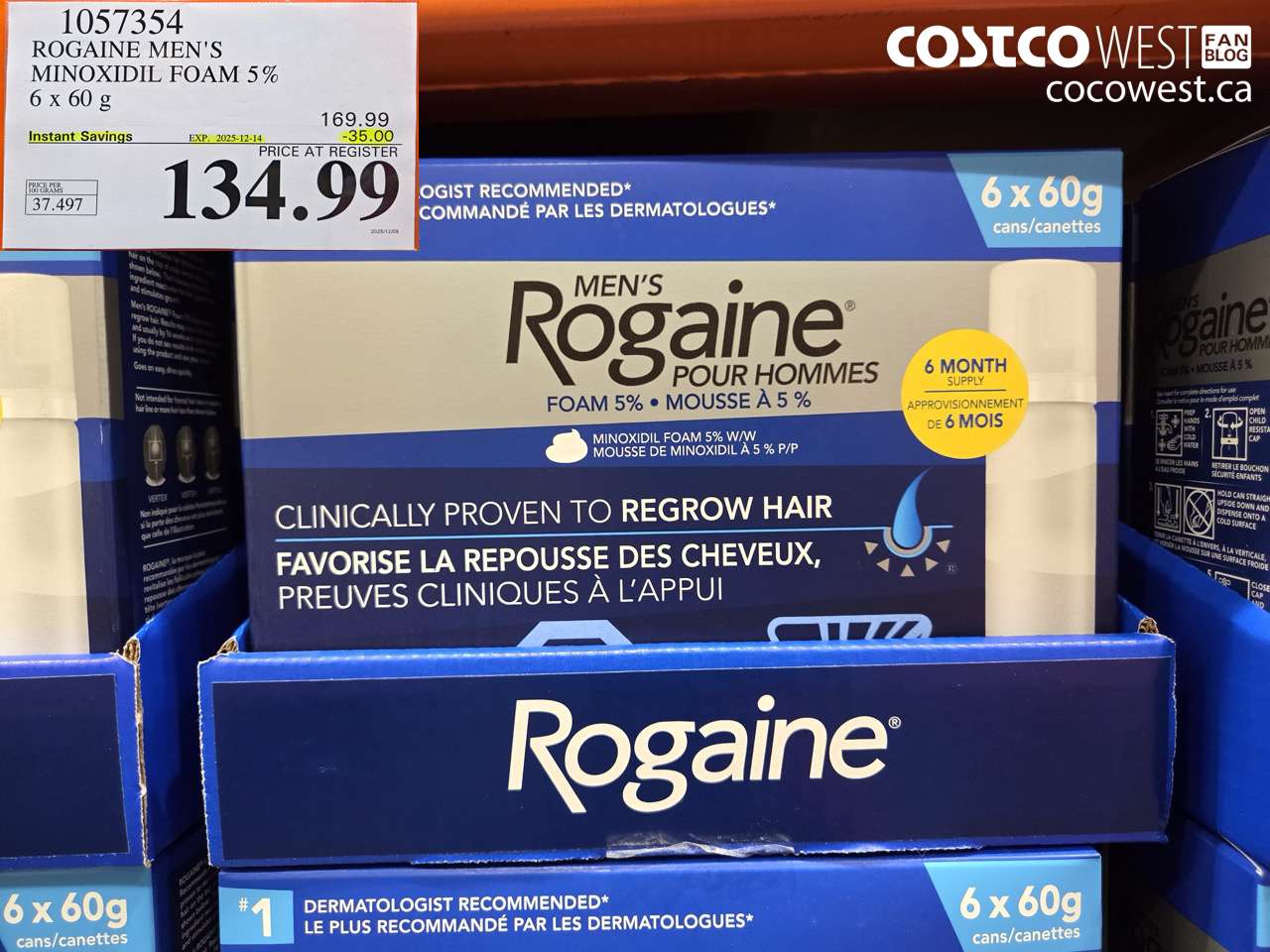1057354 ROGAINE MEN'S MINOXIDIL FOAM 5% 6 X 60G ($35.00 INSTANT SAVINGS EXPIRES ON 2025-12-14) $134.99
