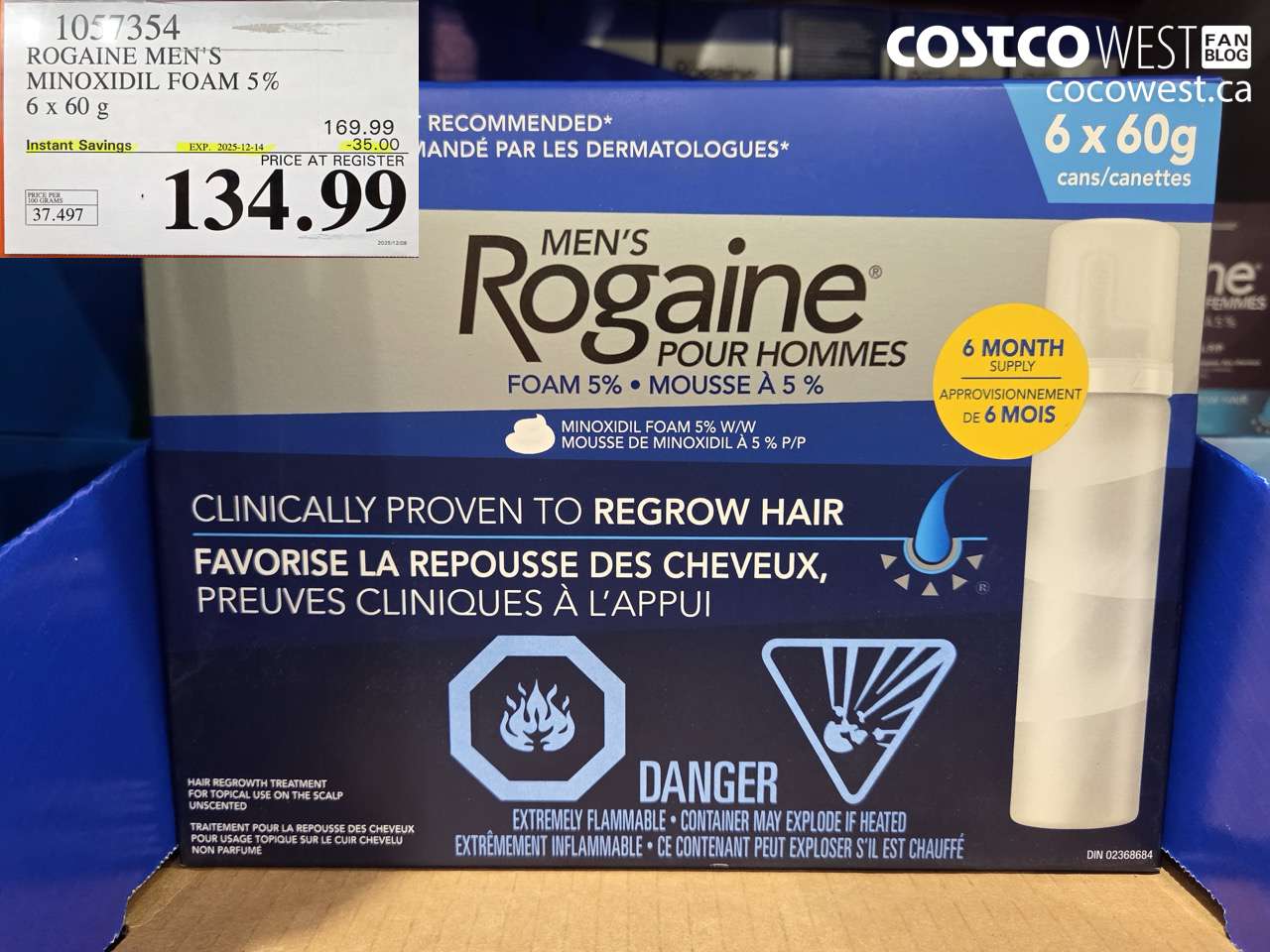 1057354 ROGAINE MEN'S MINOXIDIL FOAM 5% 6 X 60G ($35.00 INSTANT SAVINGS EXPIRES ON 2025-12-14) $134.99
