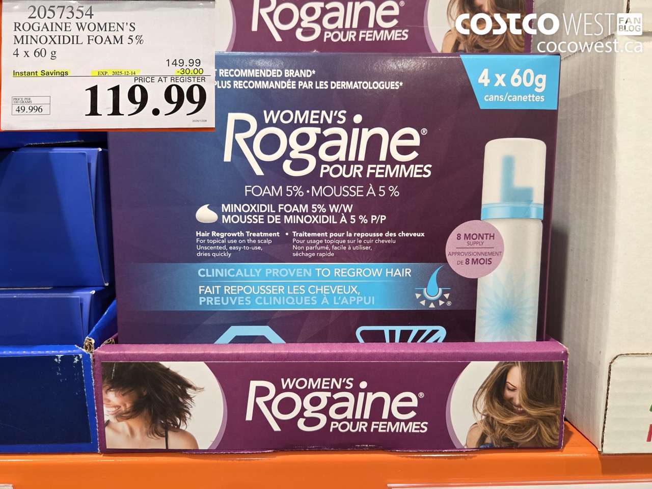 2057354 ROGAINE WOMEN'S MINOXIDIL FOAM 5% 4 X 60G ($30.00 INSTANT SAVINGS EXPIRES ON 2025-12-14) $119.99