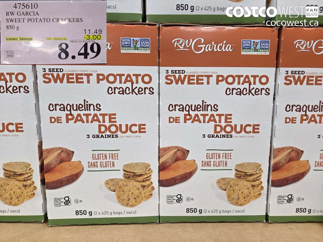 475610 RW GARCIA SWEET POTATO CRACKERS 850 g ($3.00 INSTANT SAVINGS EXPIRES ON 2026-01-18) $8.49