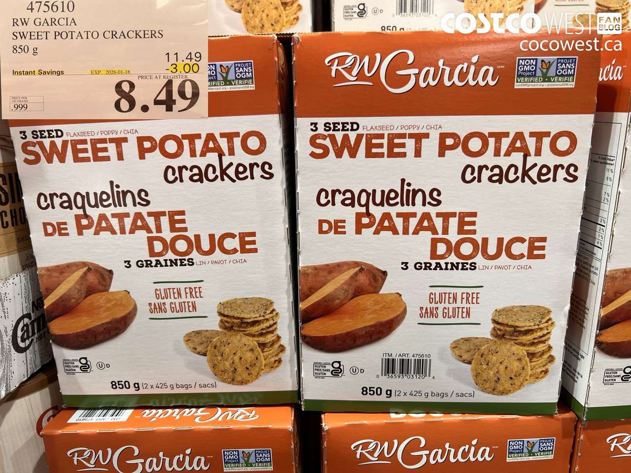 475610 RW GARCIA SWEET POTATO CRACKERS 850 g ($3.00 INSTANT SAVINGS EXPIRES ON 2026-01-18) $8.49