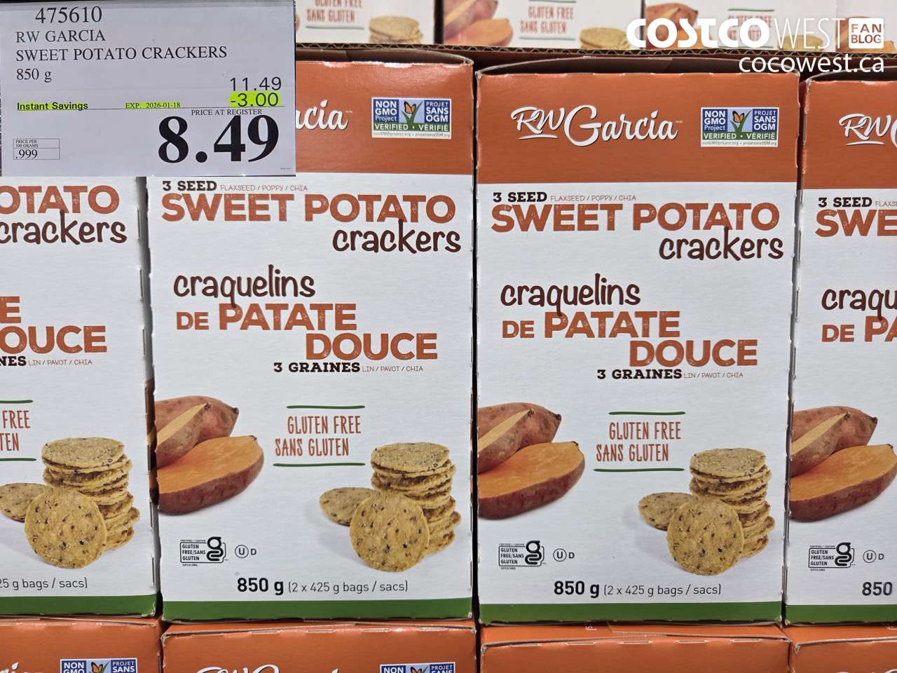 475610 RW GARCIA SWEET POTATO CRACKERS 850 g 2026-01-1 ($3.00 INSTANT SAVINGS) $8.49