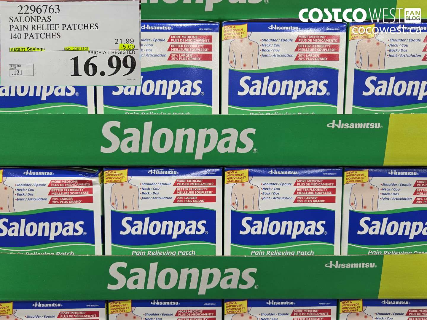 2296763 SALONPAS PAIN RELIEF PATCHES 140 PATCHES ($5.00 INSTANT SAVINGS EXPIRES ON 2025-12-21) $16.99