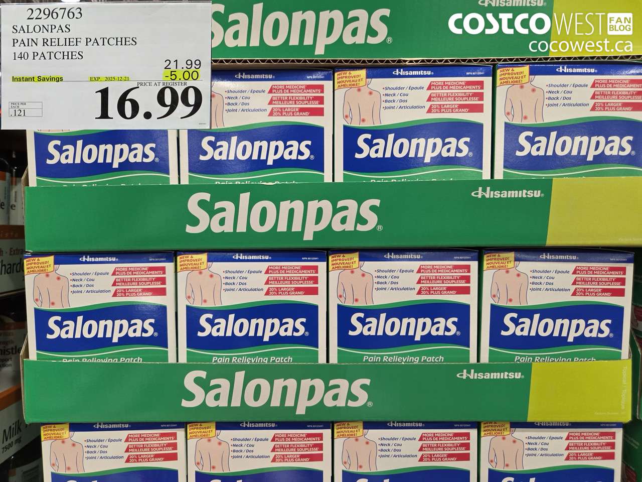 2296763 SALONPAS PAIN RELIEF PATCHES 140 PATCHES ($5.00 INSTANT SAVINGS EXPIRES ON 2025-12-21) $16.99