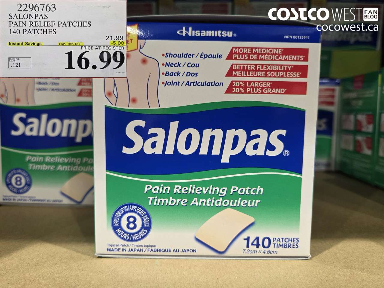 2296763 SALONPAS PAIN RELIEF PATCHES 140 PATCHES ($5.00 INSTANT SAVINGS EXPIRES ON 2025-12-21) $16.99