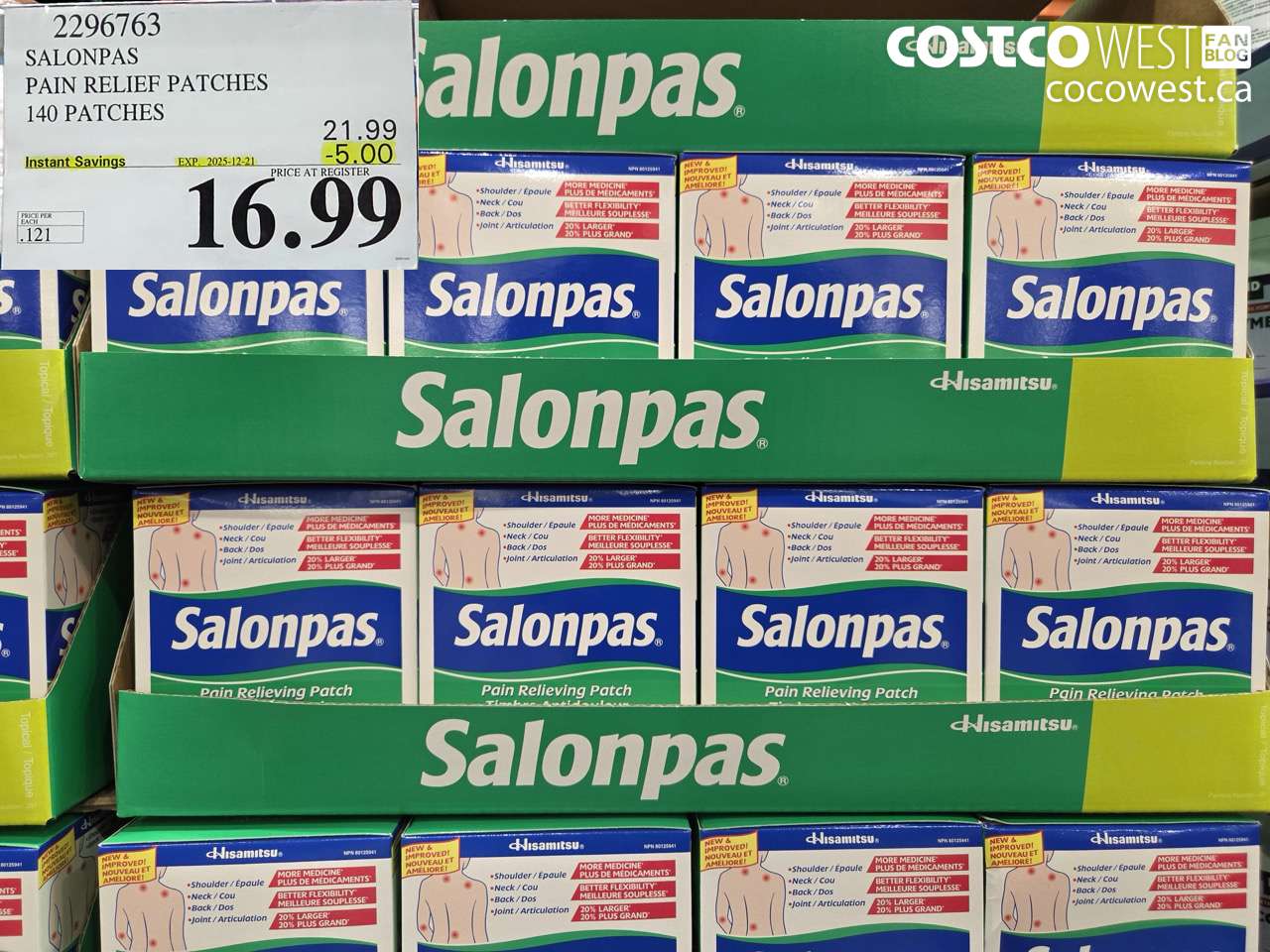 2296763 SALONPAS PAIN RELIEF PATCHES 140 PATCHES ($5.00 INSTANT SAVINGS EXPIRES ON 2025-12-21) $16.99