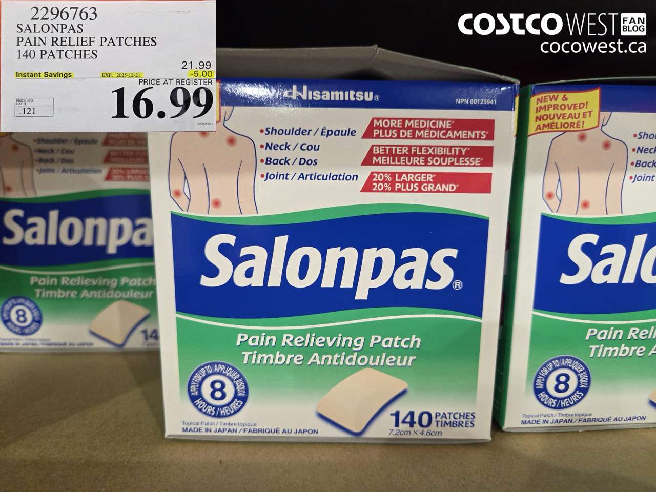 2296763 SALONPAS PAIN RELIEF PATCHES 140 PATCHES ($5.00 INSTANT SAVINGS EXPIRES ON 2025-12-21) $16.99