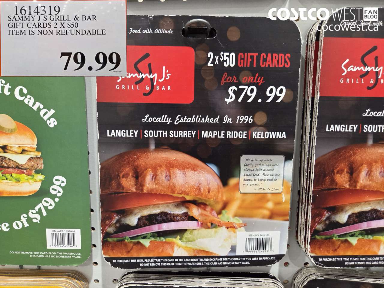 1614319 SAMMY J'S GRILL & BAR GIFT CARDS 2 x $50  $79.99