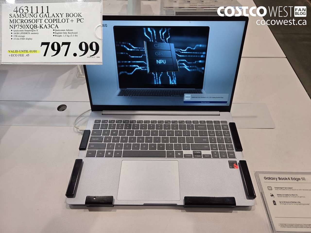 4631111 SAMSUNG GALAXY BOOK MICROSOFT COPILOT + PC NP750XQB-KA3CA (EXPIRES ON 2026-01-01) $797.99