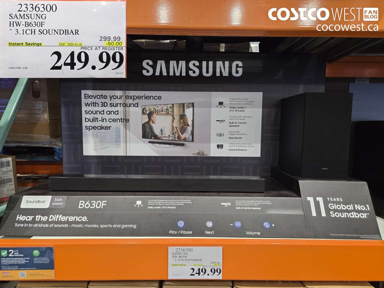 2336300 SAMSUNG HW-B630F 3.1CH SOUNDBAR ($50.00 INSTANT SAVINGS EXPIRES ON 2025-12-18) $249.99