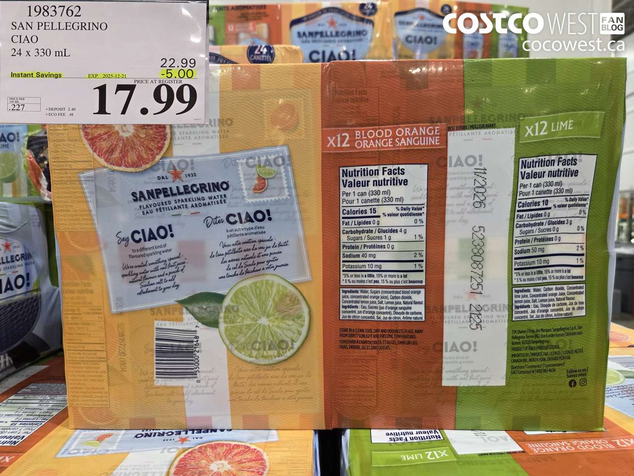 1983762 SAN PELLEGRINO CIAO 24 x 330 mL ($5.00 INSTANT SAVINGS EXPIRES ON 2025-12-21) $17.99