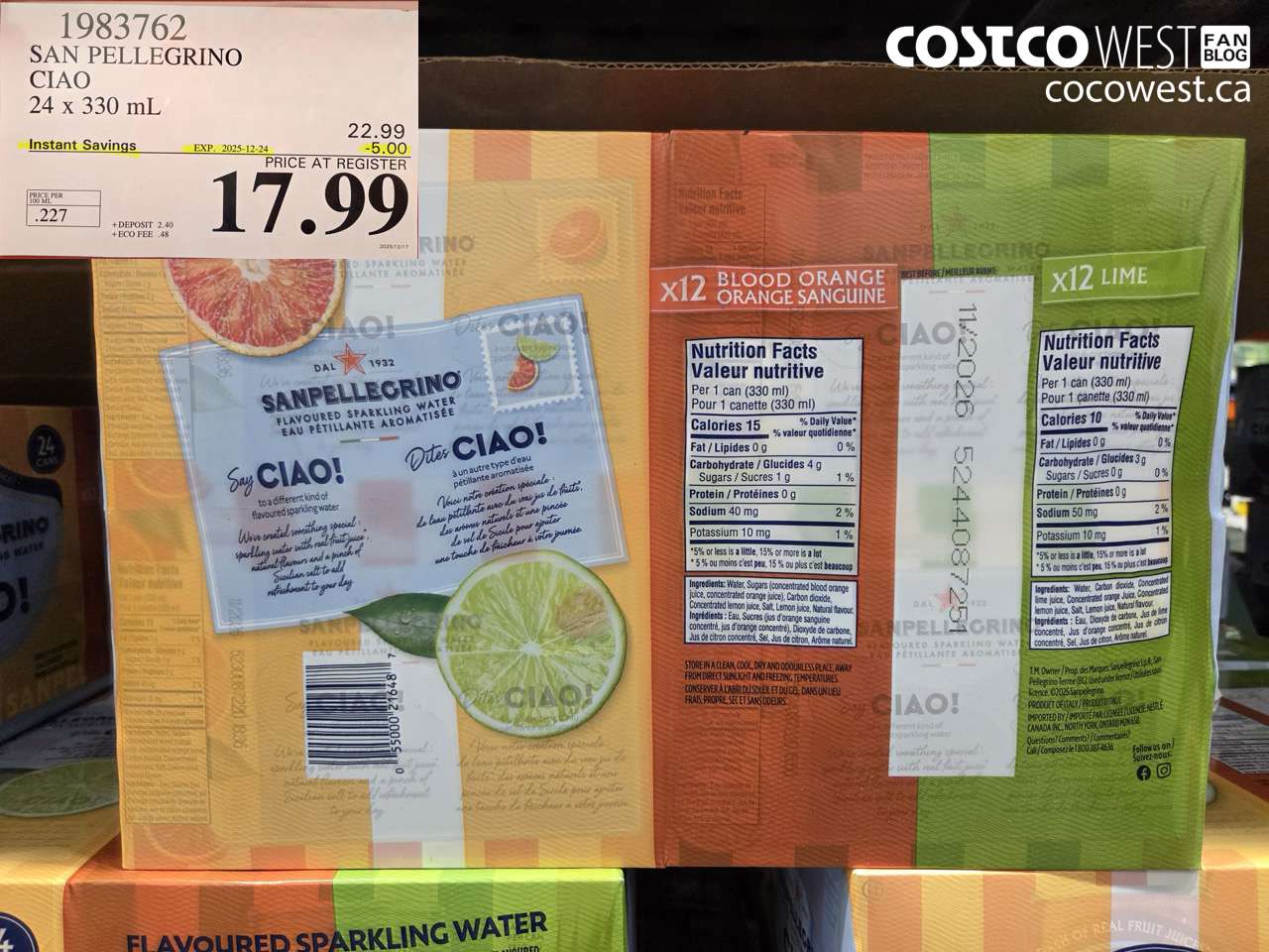 1983762 SAN PELLEGRINO CIAO 24 x 330 mL ($5.00 INSTANT SAVINGS EXPIRES ON 2025-12-24) $17.99