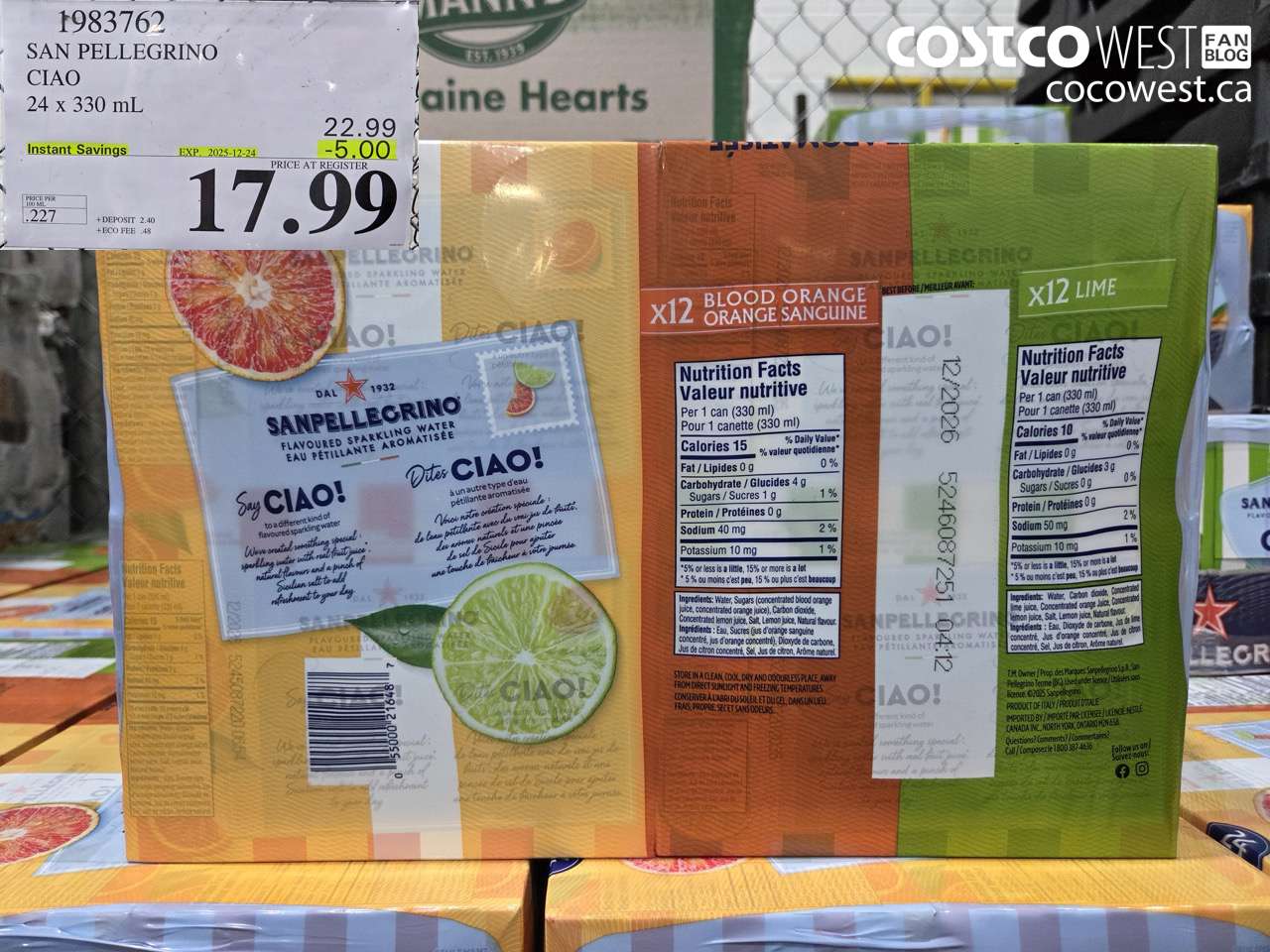 1983762 SAN PELLEGRINO CIAO 24 x 330 mL ($5.00 INSTANT SAVINGS EXPIRES ON 2025-12-24) $17.99