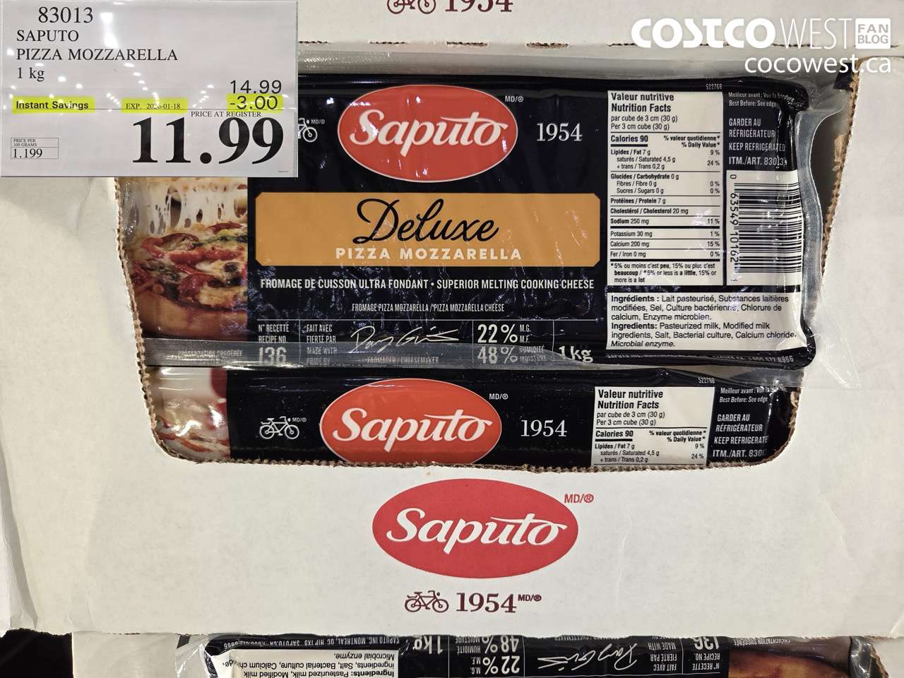 83013 SAPUTO PIZZA MOZZARELLA 1 kg ($3.00 INSTANT SAVINGS EXPIRES ON 2026-01-18) $11.99
