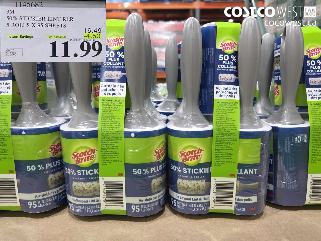 1145682 SCOTCH BRITE 50% STICKIER LINT RLR 5 ROLLS X 95 SHEETS ($4.50 INSTANT SAVINGS EXPIRES ON 2026-01-18) $11.99