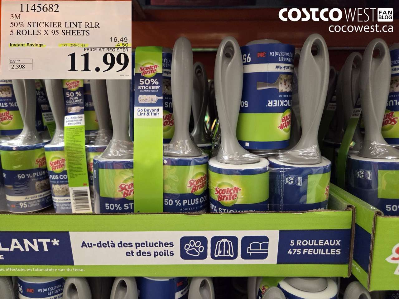 1145682 SCOTCH BRITE 50% STICKIER LINT RLR 5 ROLLS X 95 SHEETS ($4.50 INSTANT SAVINGS EXPIRES ON 2026-01-18) $11.99