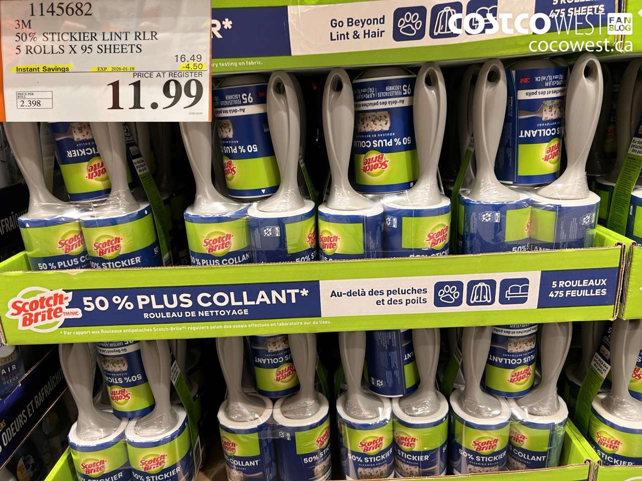 1145682 SCOTCH BRITE 50% STICKIER LINT RLR 5 ROLLS X 95 SHEETS ($4.50 INSTANT SAVINGS EXPIRES ON 2026-01-18) $11.99