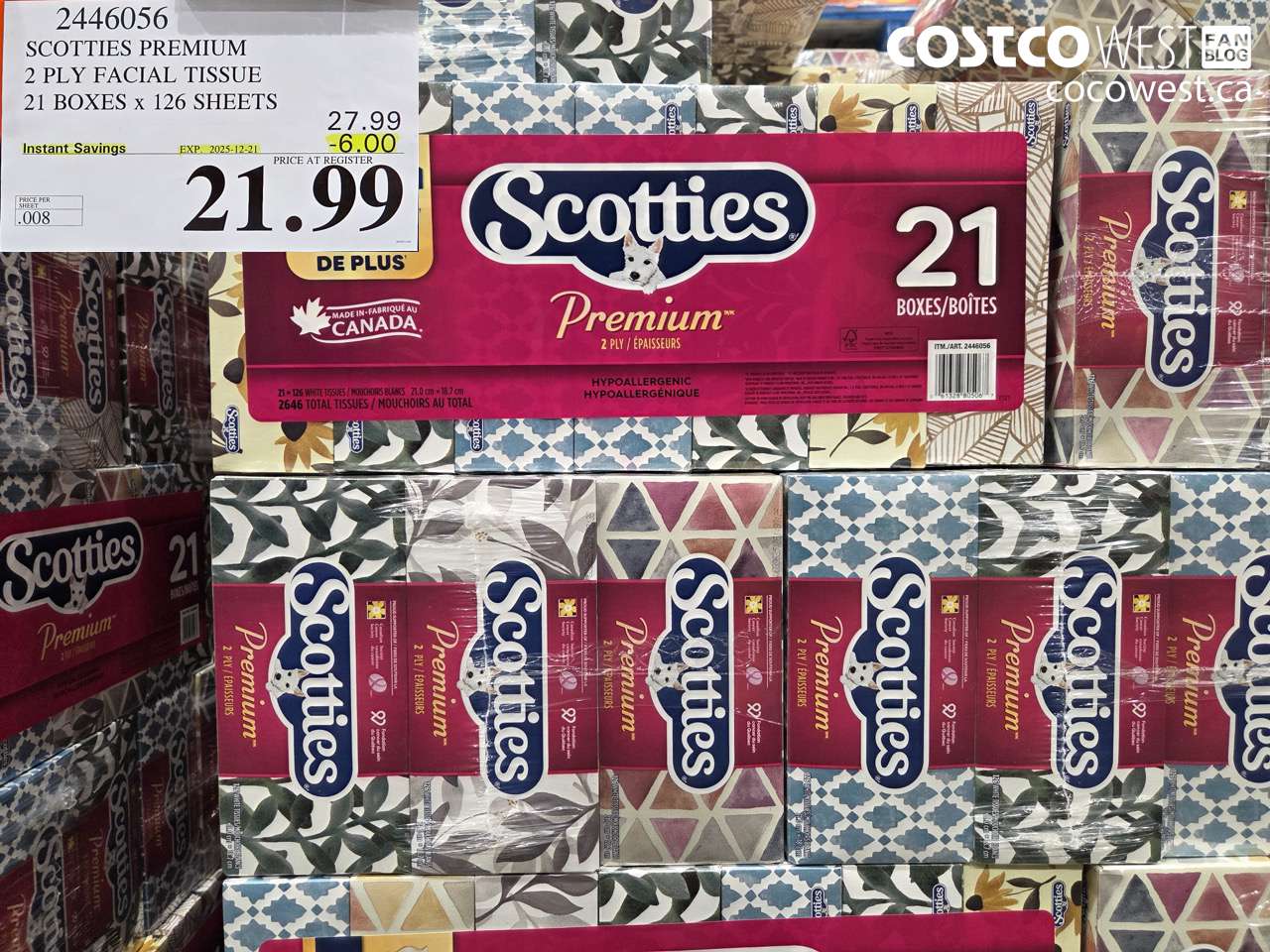 2446056 SCOTTIES PREMIUM 2 PLY FACIAL TISSUE 21 BOXES X 126 SHEETS ($6.00 INSTANT SAVINGS EXPIRES ON 2025-12-21) $21.99