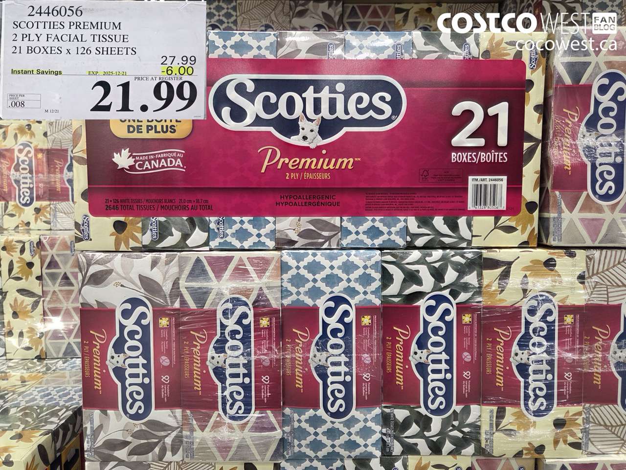 2446056 SCOTTIES PREMIUM 2 PLY FACIAL TISSUE 21 BOXES X 126 SHEETS ($6.00 INSTANT SAVINGS EXPIRES ON 2025-12-21) $21.99