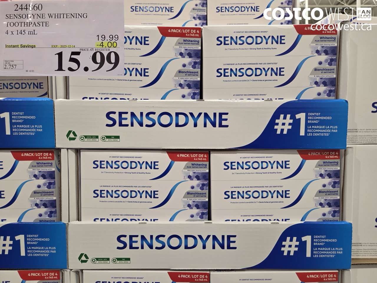 244860 SENSODYNE WHITENING TOOTHPASTE 4 X 145 ML ($4.00 INSTANT SAVINGS EXPIRES ON 2025-12-14) $15.99