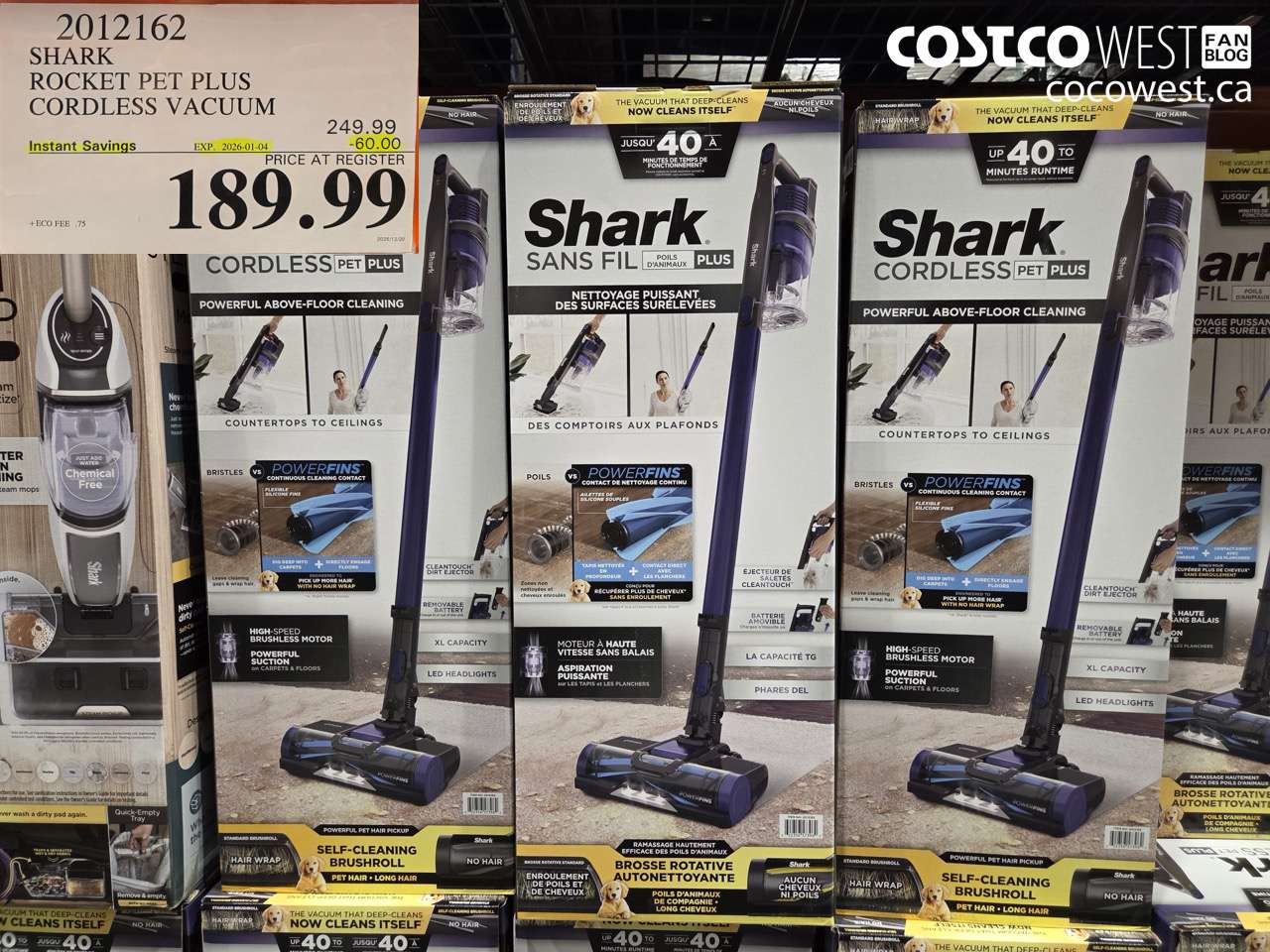 2012162 SHARK ROCKET PET PLUS CORDLESS STICK VACUUM ($60.00 INSTANT SAVINGS EXPIRES ON 2026-01-04) $189.99
